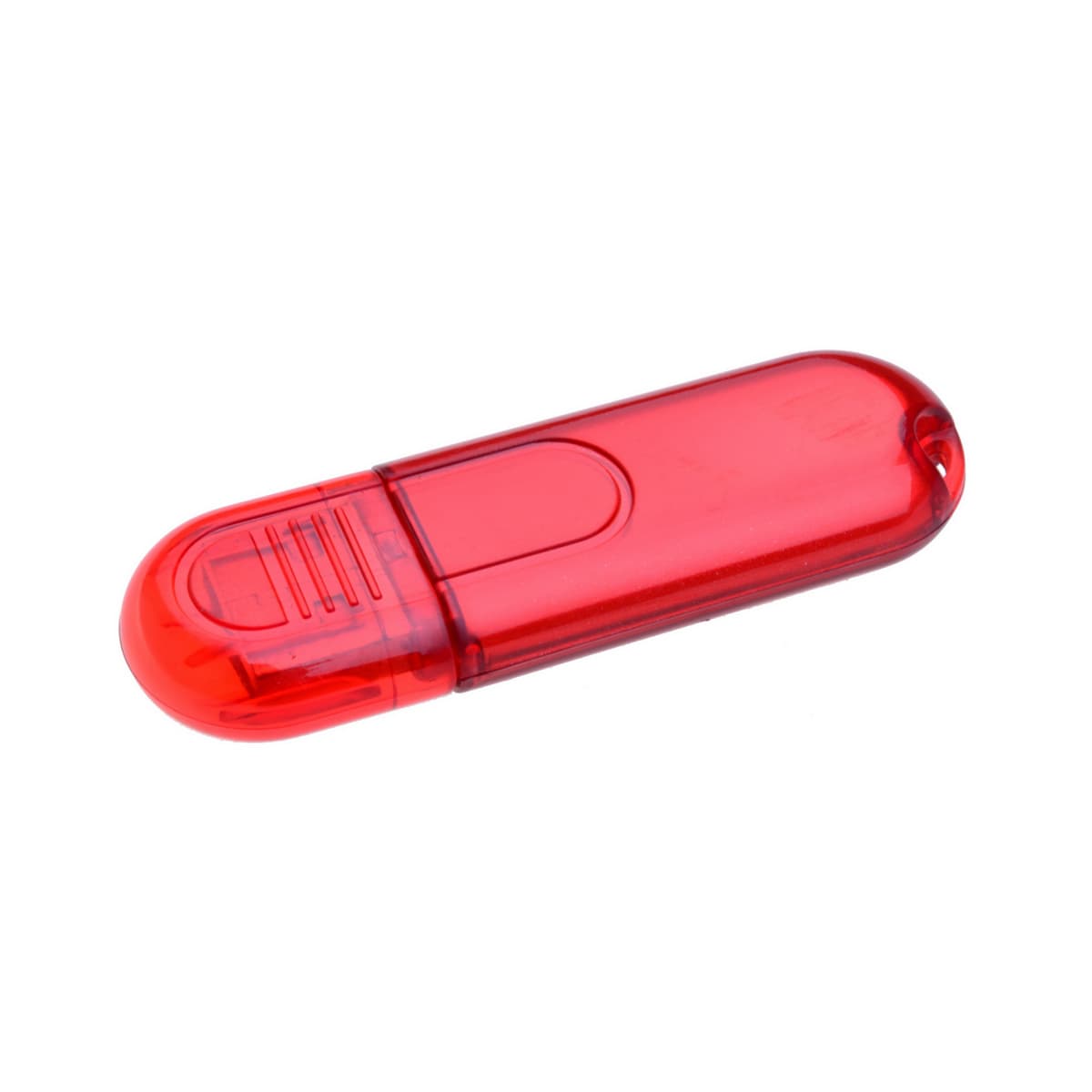 A red flash drive with a glossy finish and a sliding lid, featuring a small branding logo.