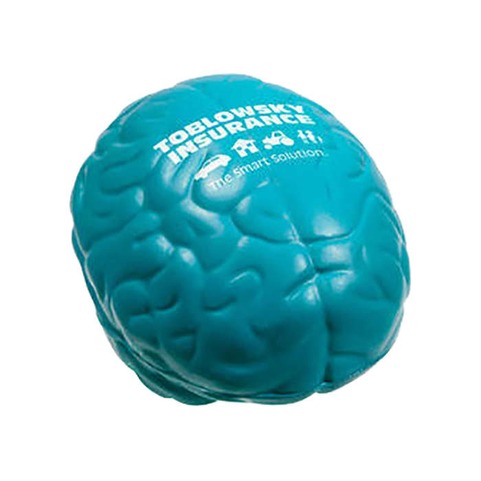 A teal brain-shaped stress reliever with a logo on one side.