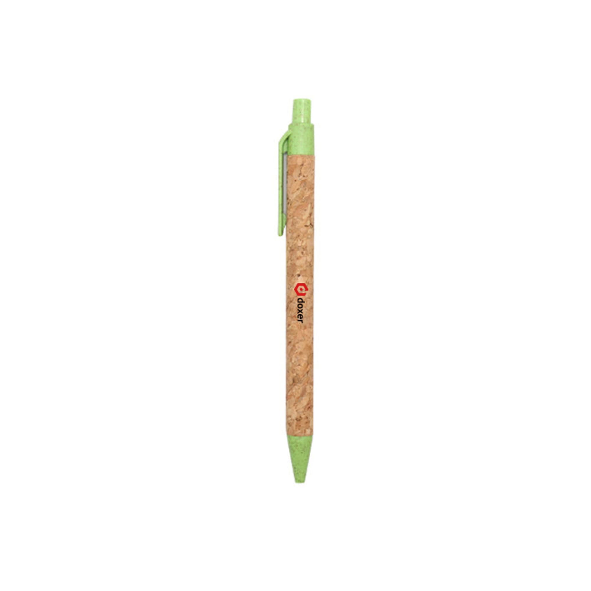 An eco-friendly pen with a cork barrel and green accents, featuring a branding logo.