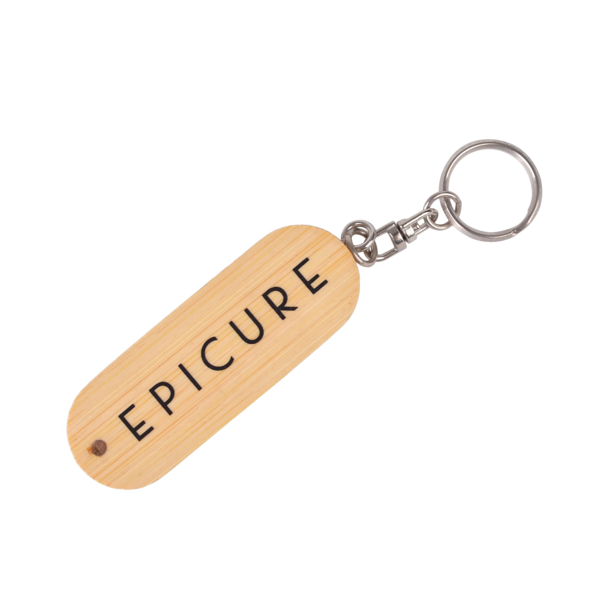 A wooden flash drive with a keychain, featuring a light brown colour and a branding logo.