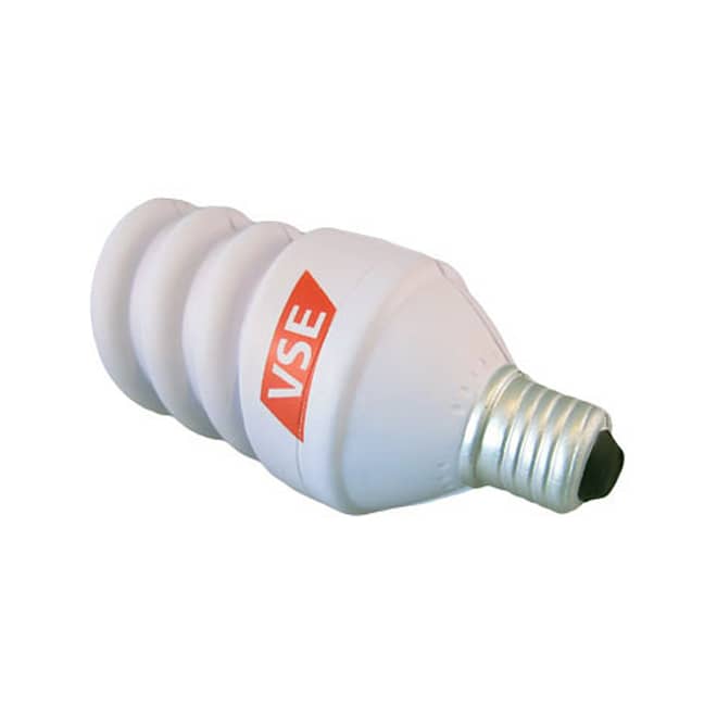 A white stress reliever shaped like an electrical lamp, featuring a silver screw base and a logo.