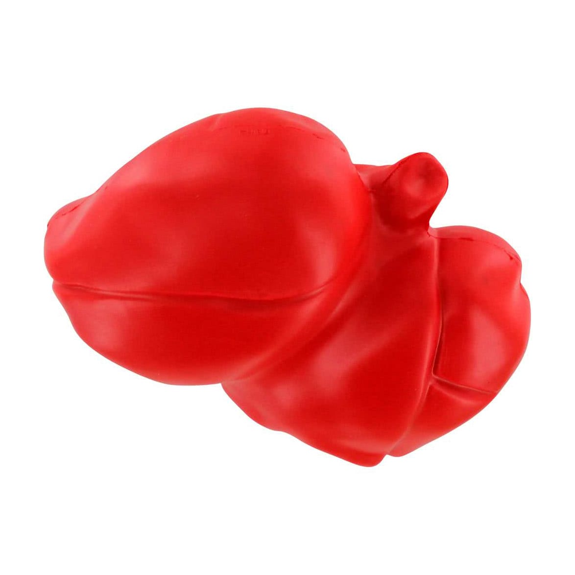 A red lung-shaped stress reliever made of soft, flexible material, featuring a simple design and a logo.