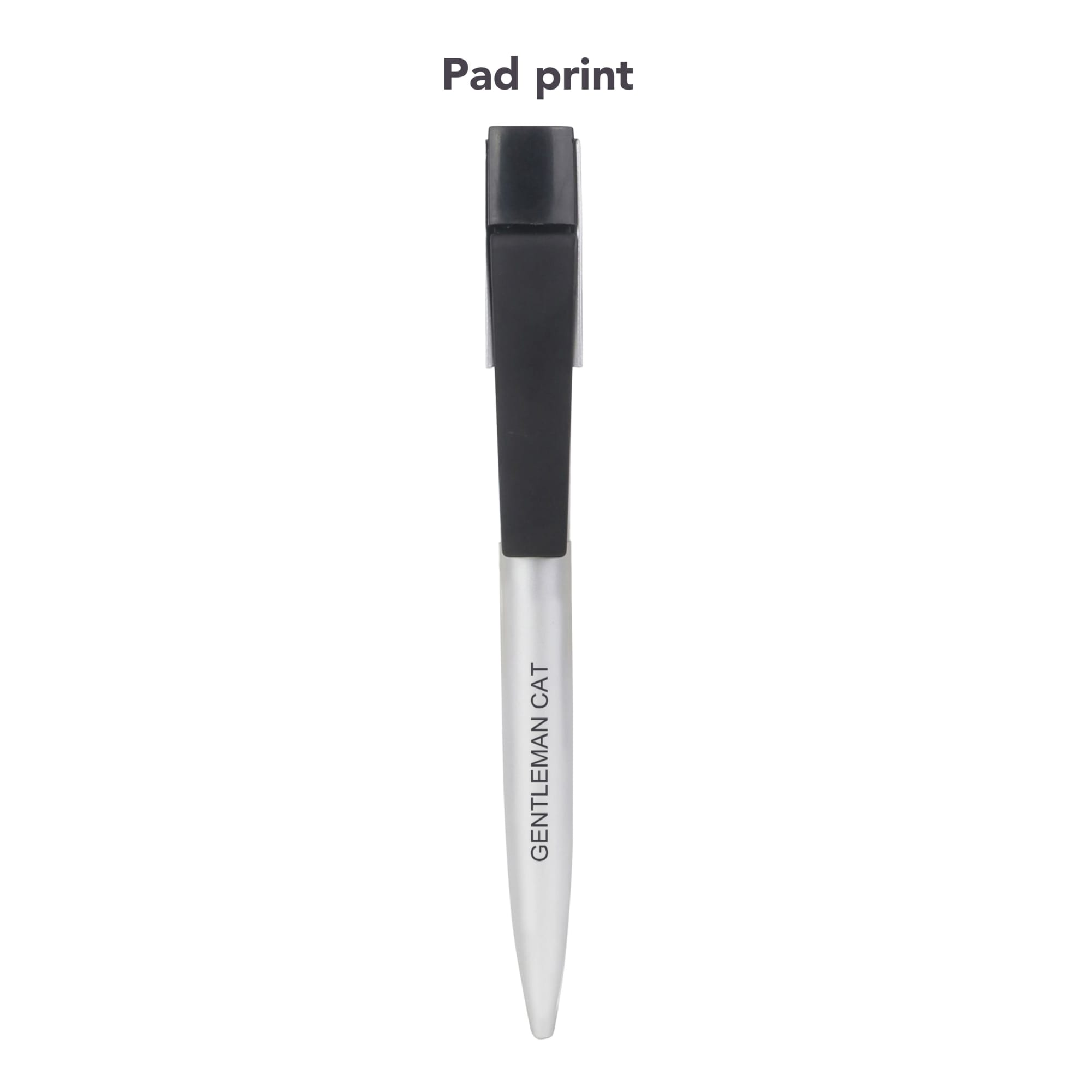 A sleek USB memory pen in silver with a black clip. Features a logo and a pad print design.