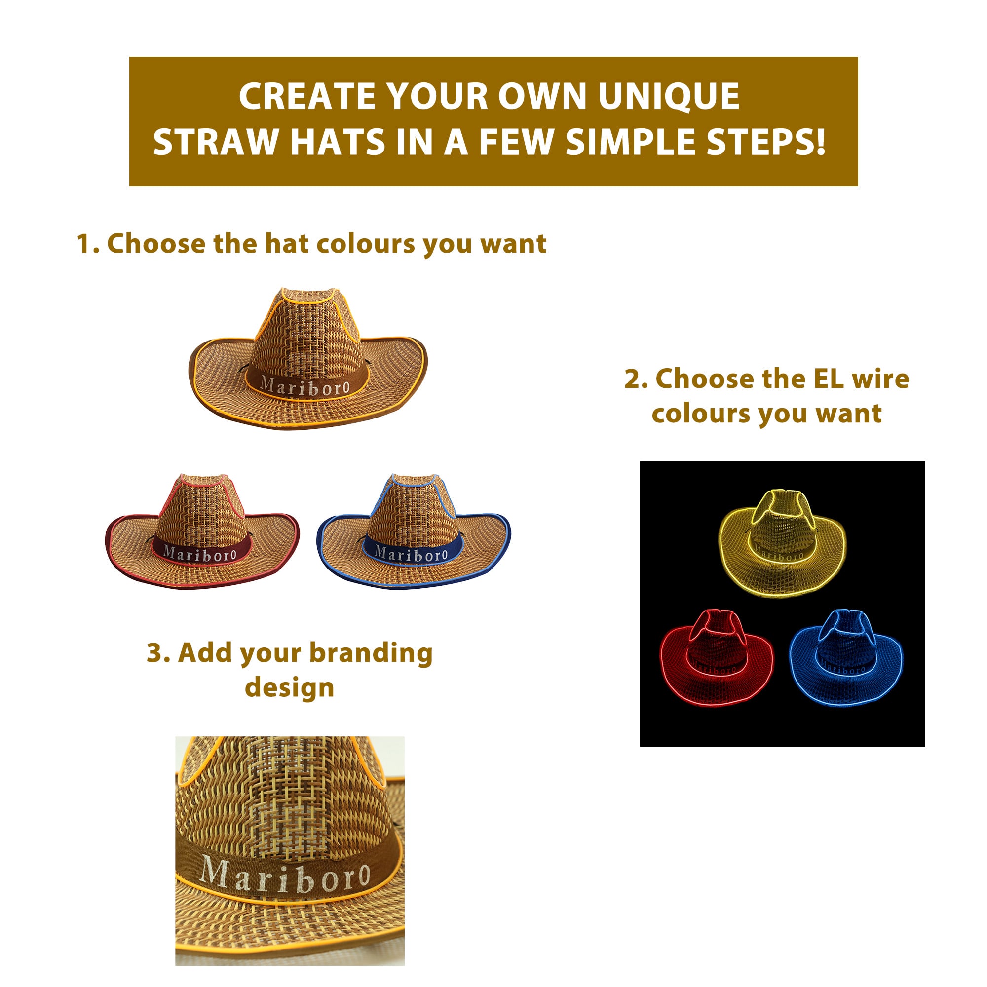 A collection of straw hats in brown, red, and blue, featuring LED wire accents and a logo on each hat.