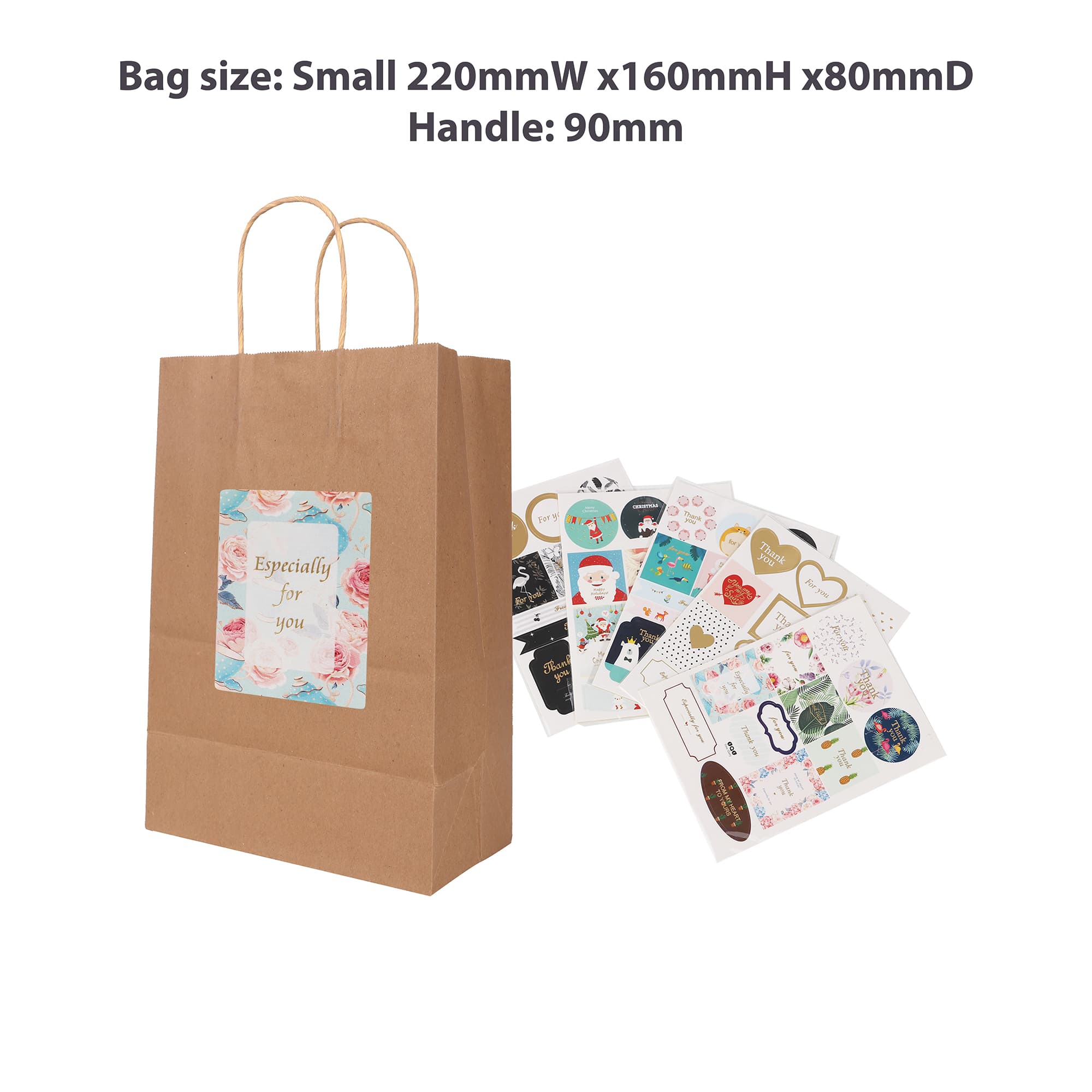 A small brown Kraft paper bag with twisted handles and a decorative sticker, accompanied by various colourful stickers.