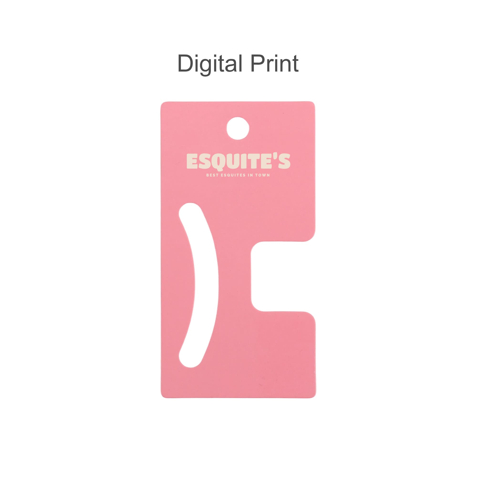 A pink card with cut-out shapes, featuring a logo and a hole for hanging.