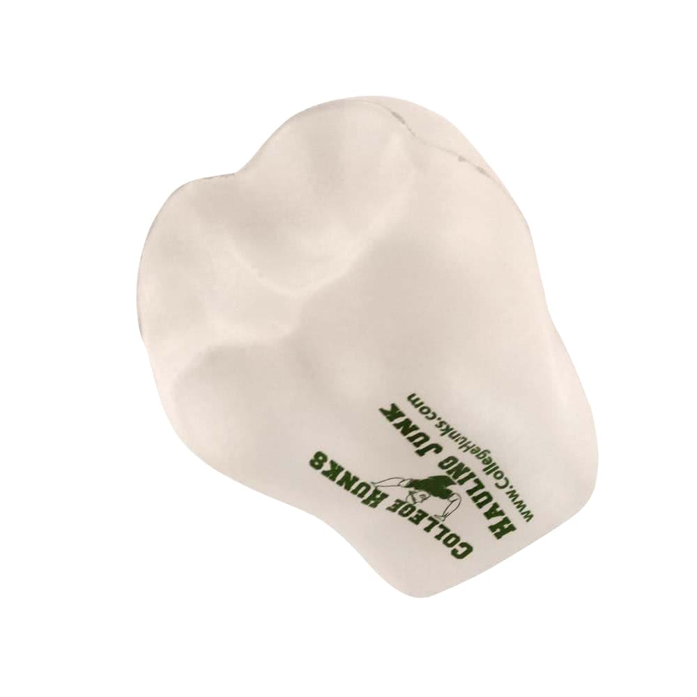 A white stress reliever in a unique shape, featuring a logo and text in green.