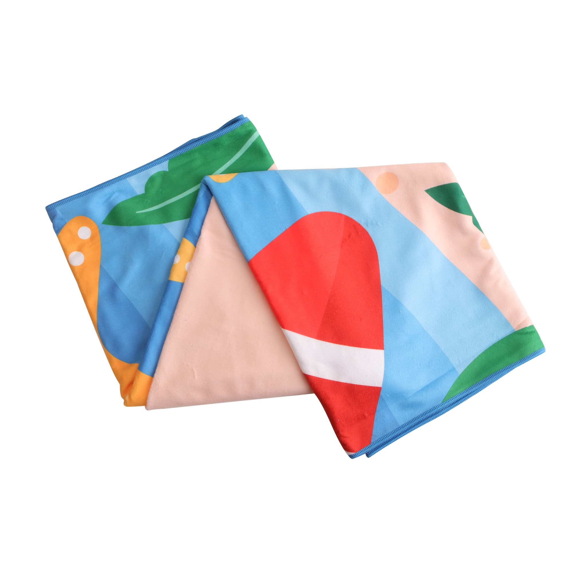 A microfibre beach towel featuring vibrant blue, orange, and pink patterns, measuring 100x180cm. Includes a logo.
