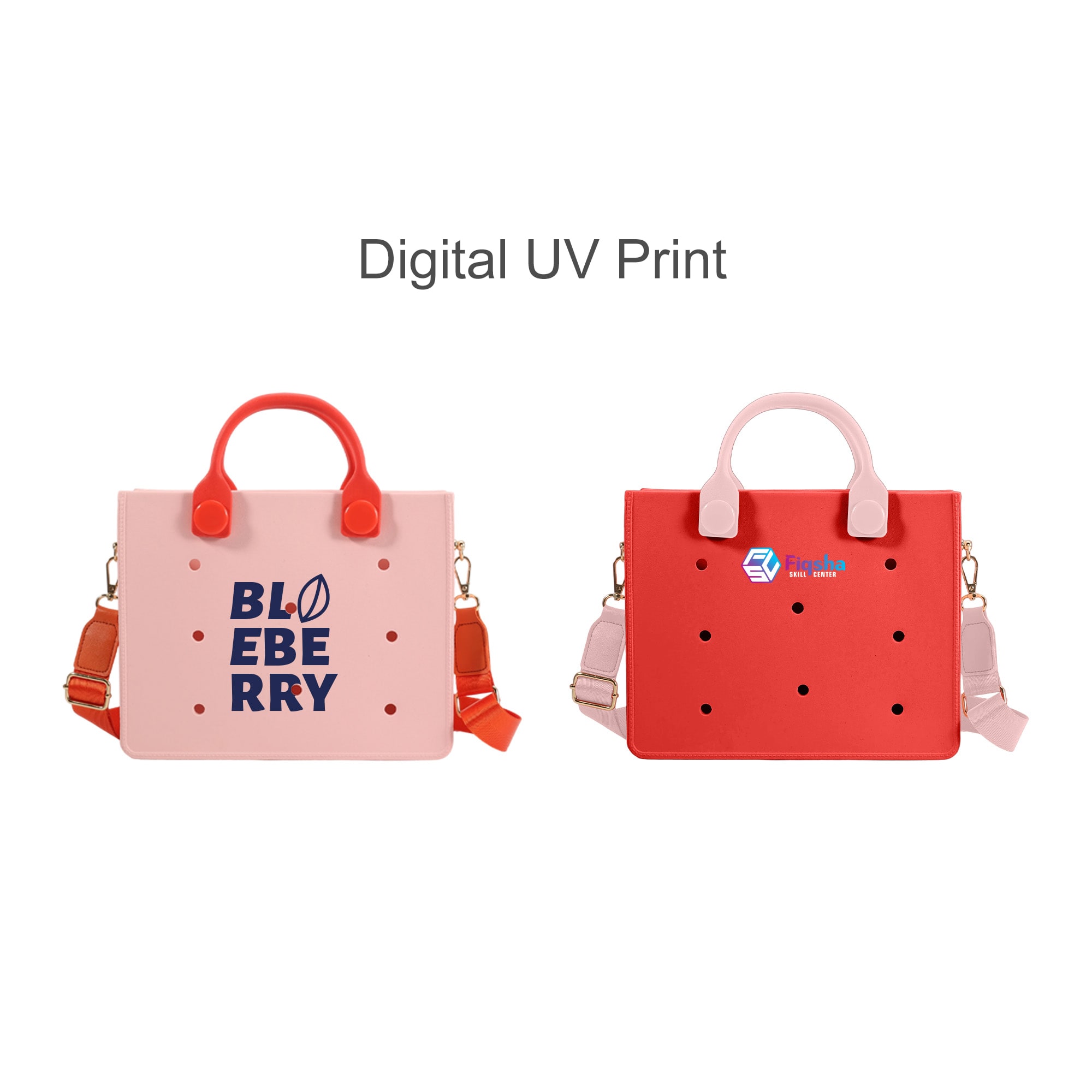 A pink and red EVA tote bag featuring holes and carrying handles, with one bag displaying a logo.
