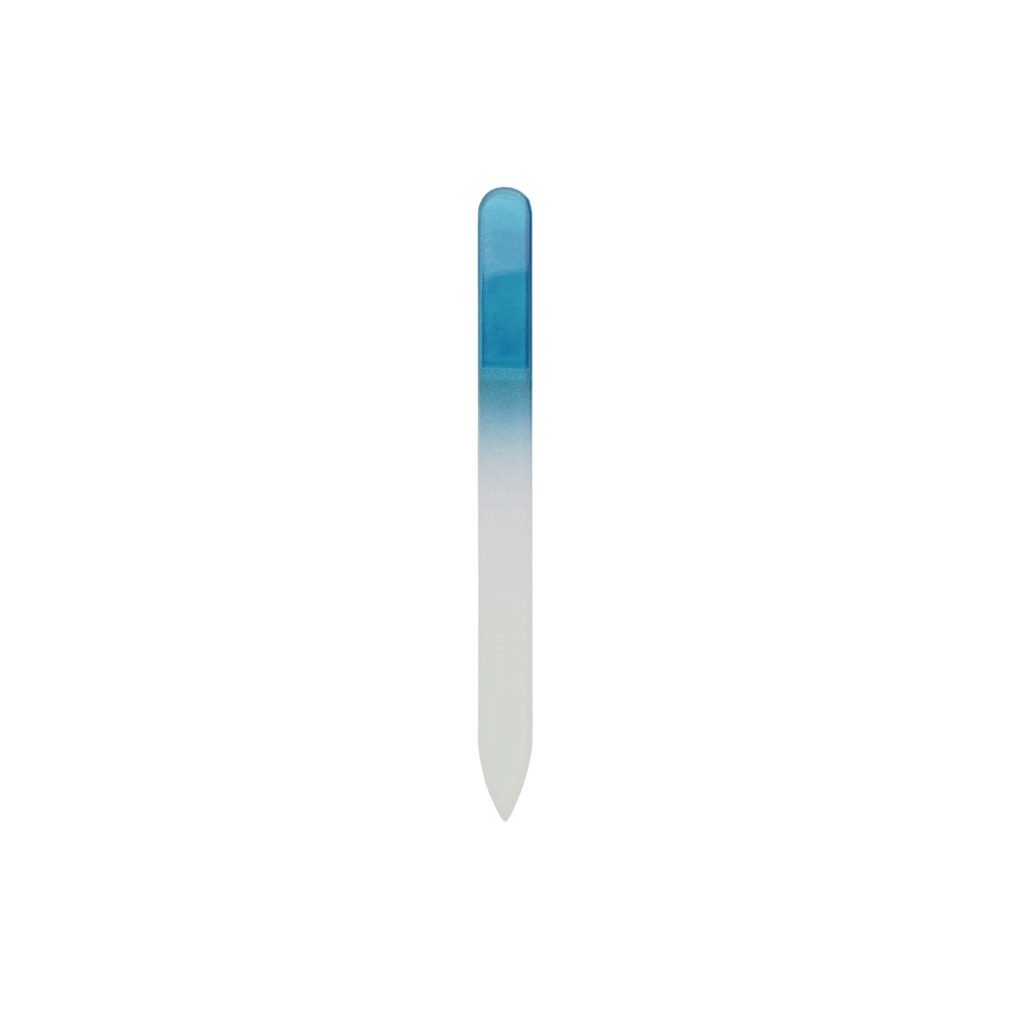 A crystal glass nail file with a blue gradient handle and a transparent filing surface.