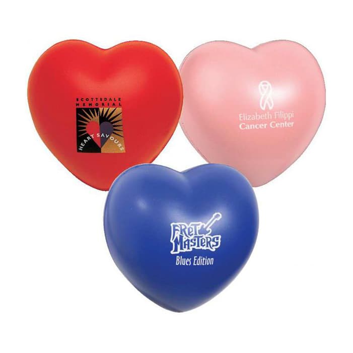 Three heart-shaped stress relievers in red, pink, and blue, featuring various logos.