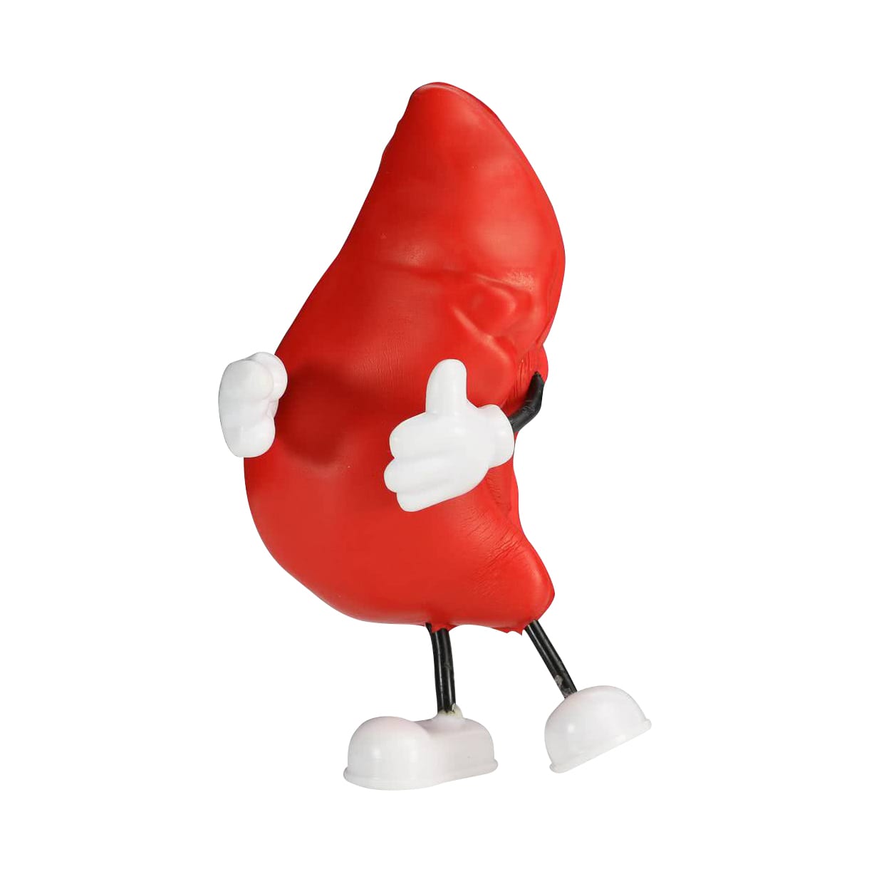 A red liver-shaped stress reliever with white hands and legs, featuring a cheerful expression.
