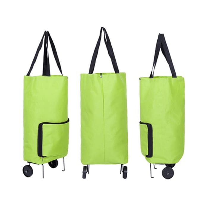 A bright green collapsible shopping trolley bag with black straps and a side pocket, featuring wheels for easy transportation.