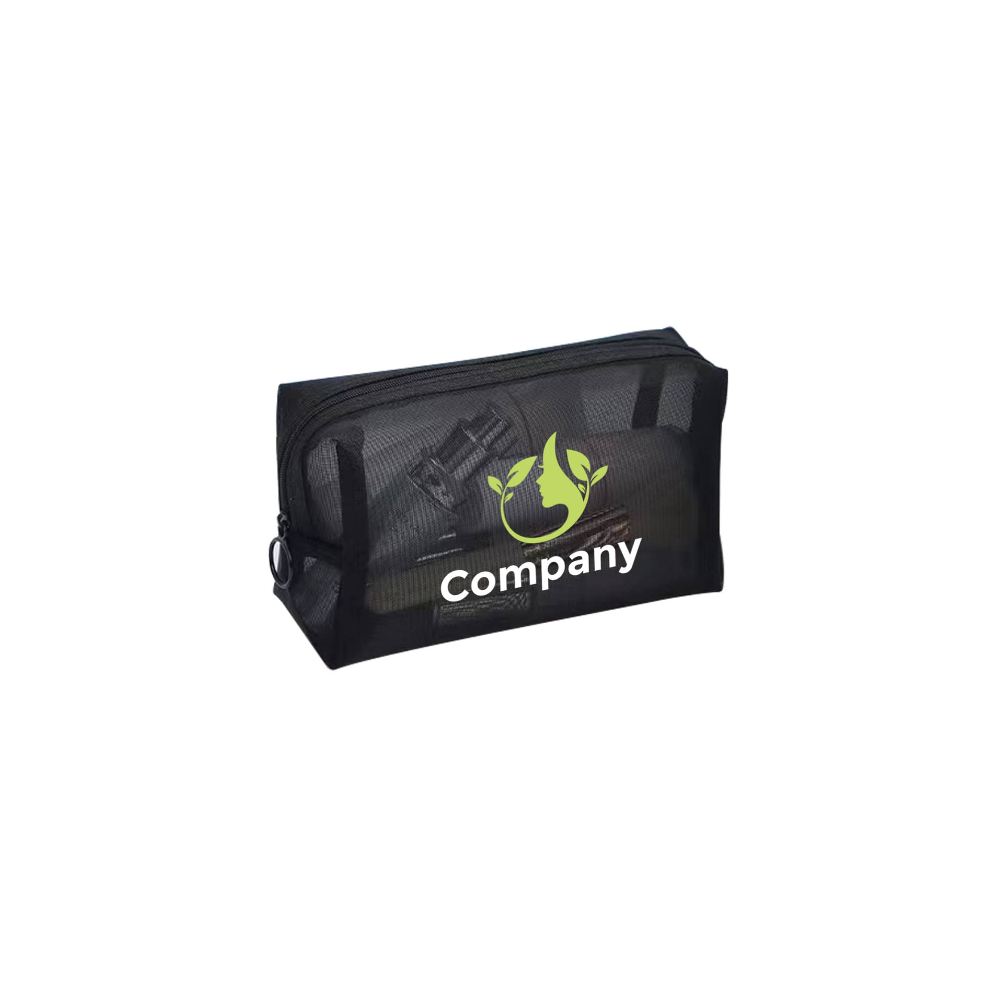 A black nylon mesh cosmetic bag with a zip closure and a logo on the front.