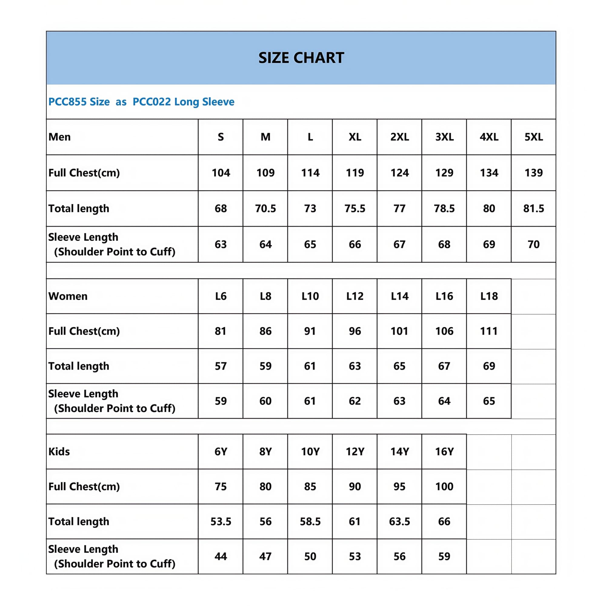 A size chart detailing measurements for men's, women's, and kids' long sleeve shirts.