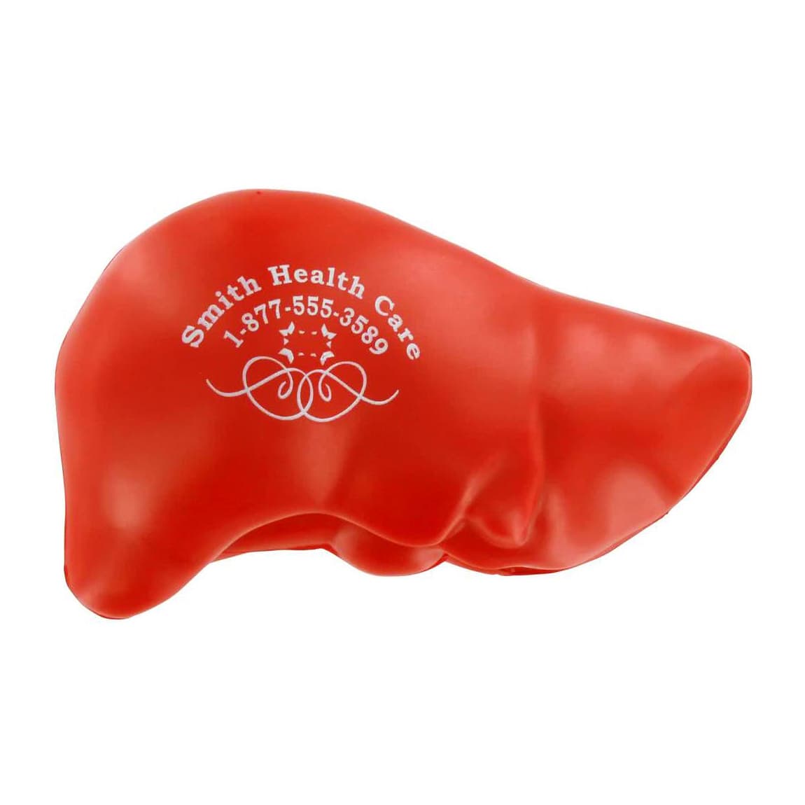 A red liver-shaped stress reliever with a logo and text printed on it, designed for fun and stress relief.