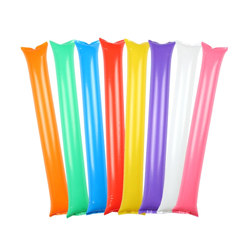 Inflatable Bang Bang Sticks in vibrant colours: orange, green, blue, yellow, purple, white, and pink, arranged in a row.