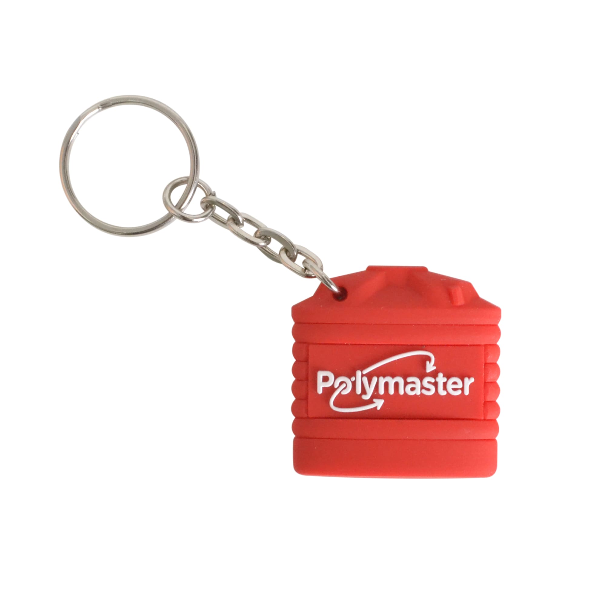 A red PVC keyring in the shape of a container with a metal keychain, featuring a logo.