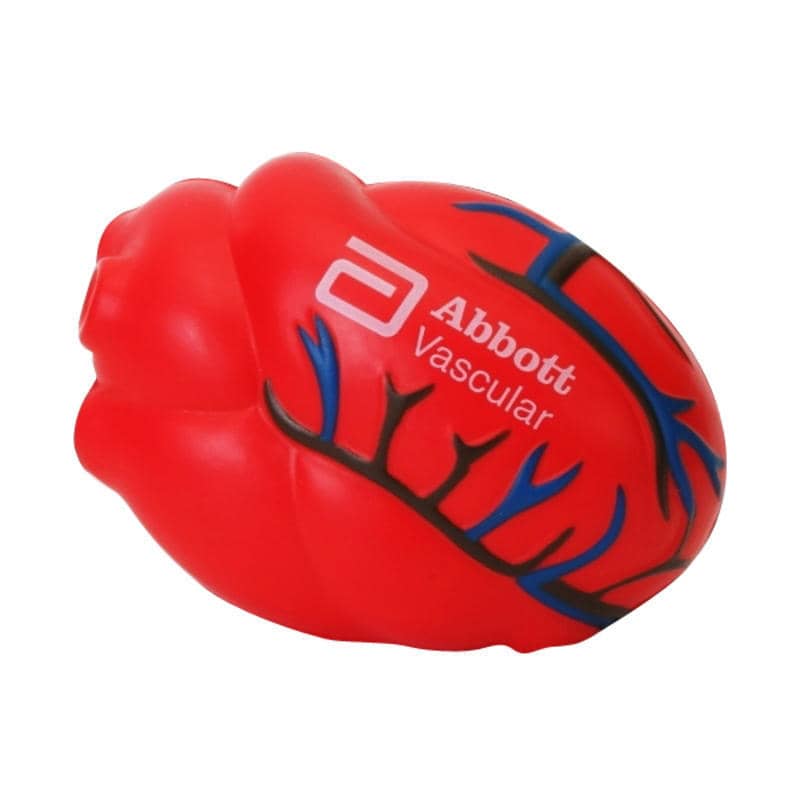 A red cardiac-shaped stress reliever with black and blue detailing and a logo on the surface.