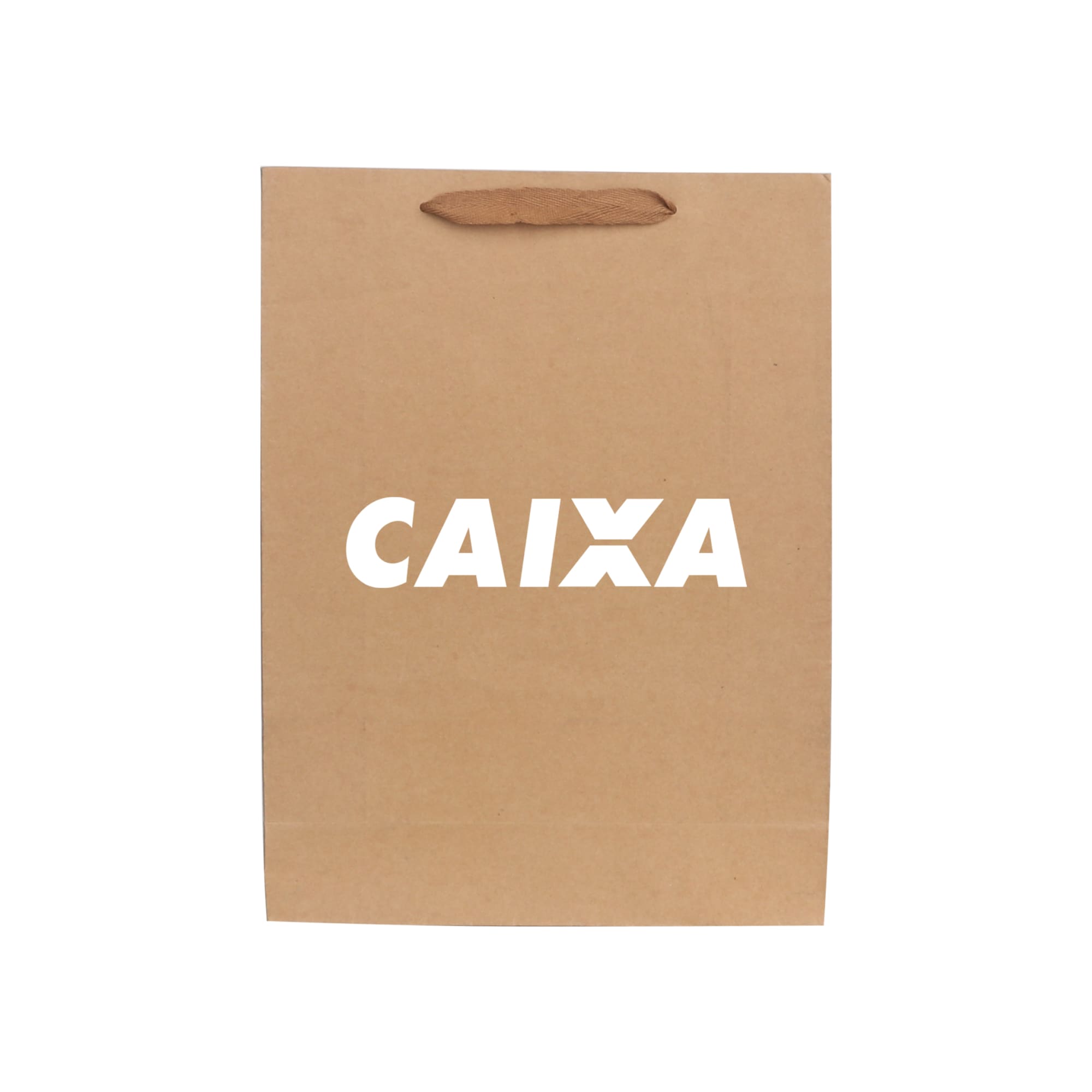 A large brown paper bag with a fabric flat handle and a logo on the front.