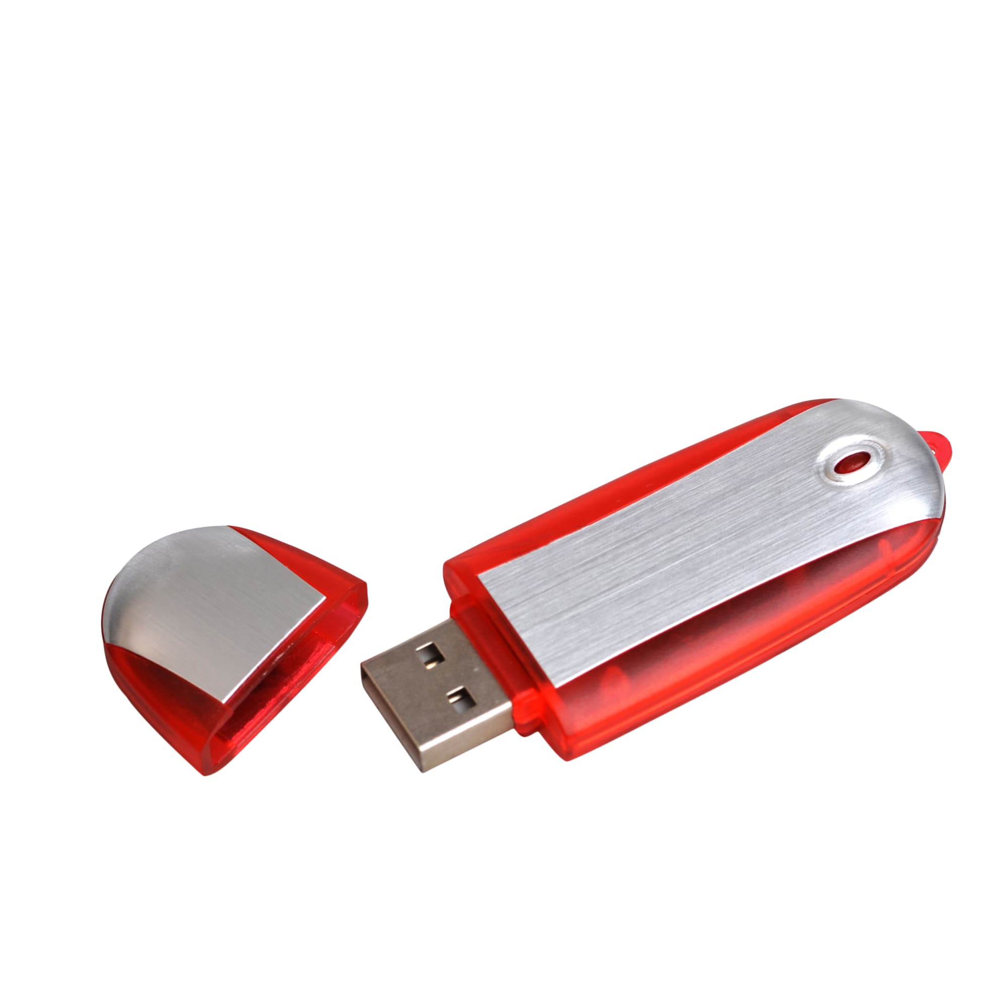 A red Galaxy Flash Drive with a removable silver cap, featuring a sleek design and a USB connector.