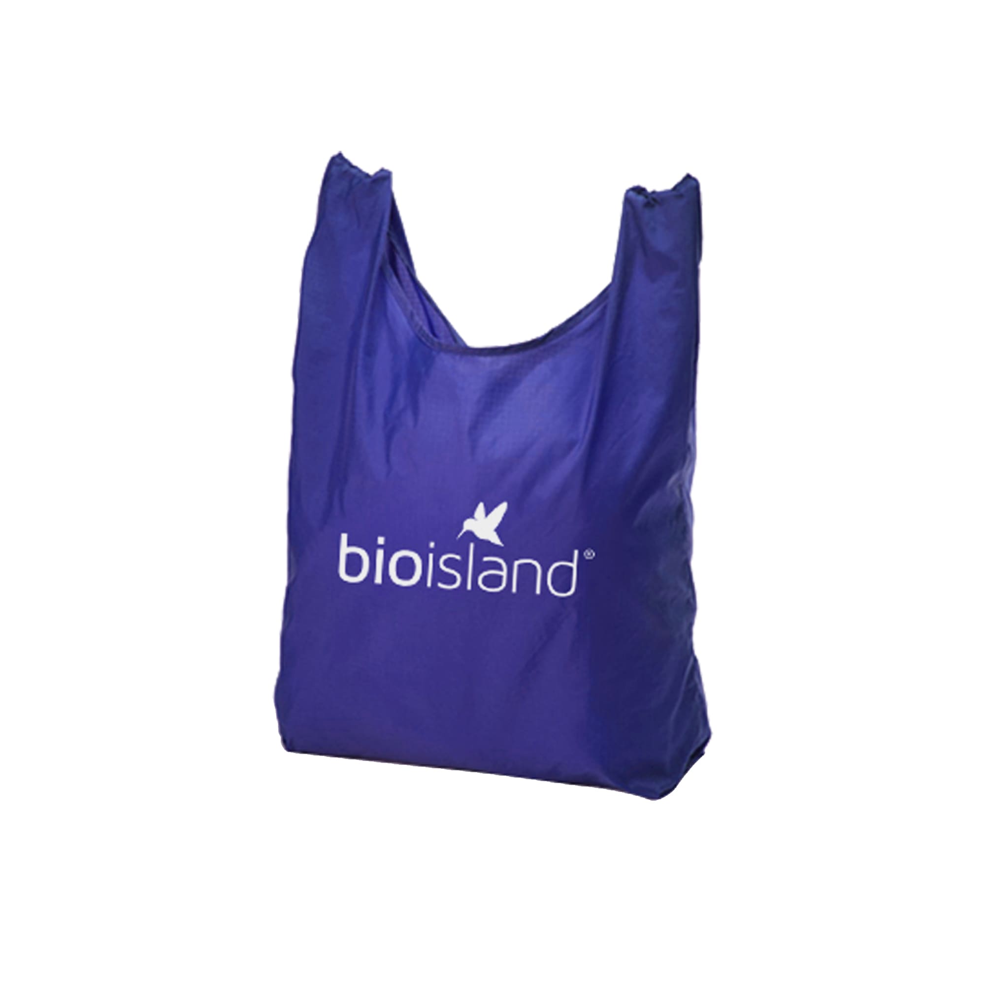 A purple foldaway shopping tote bag featuring a logo, designed for easy storage and transport.