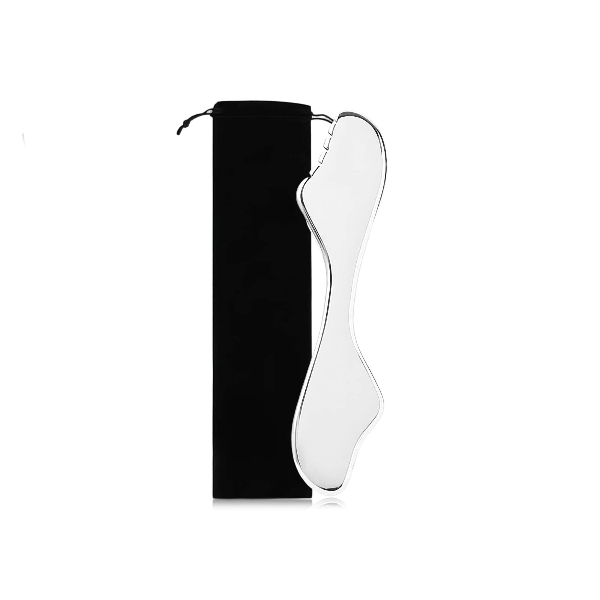 A clear massage tool in a foot shape, accompanied by a black storage pouch.