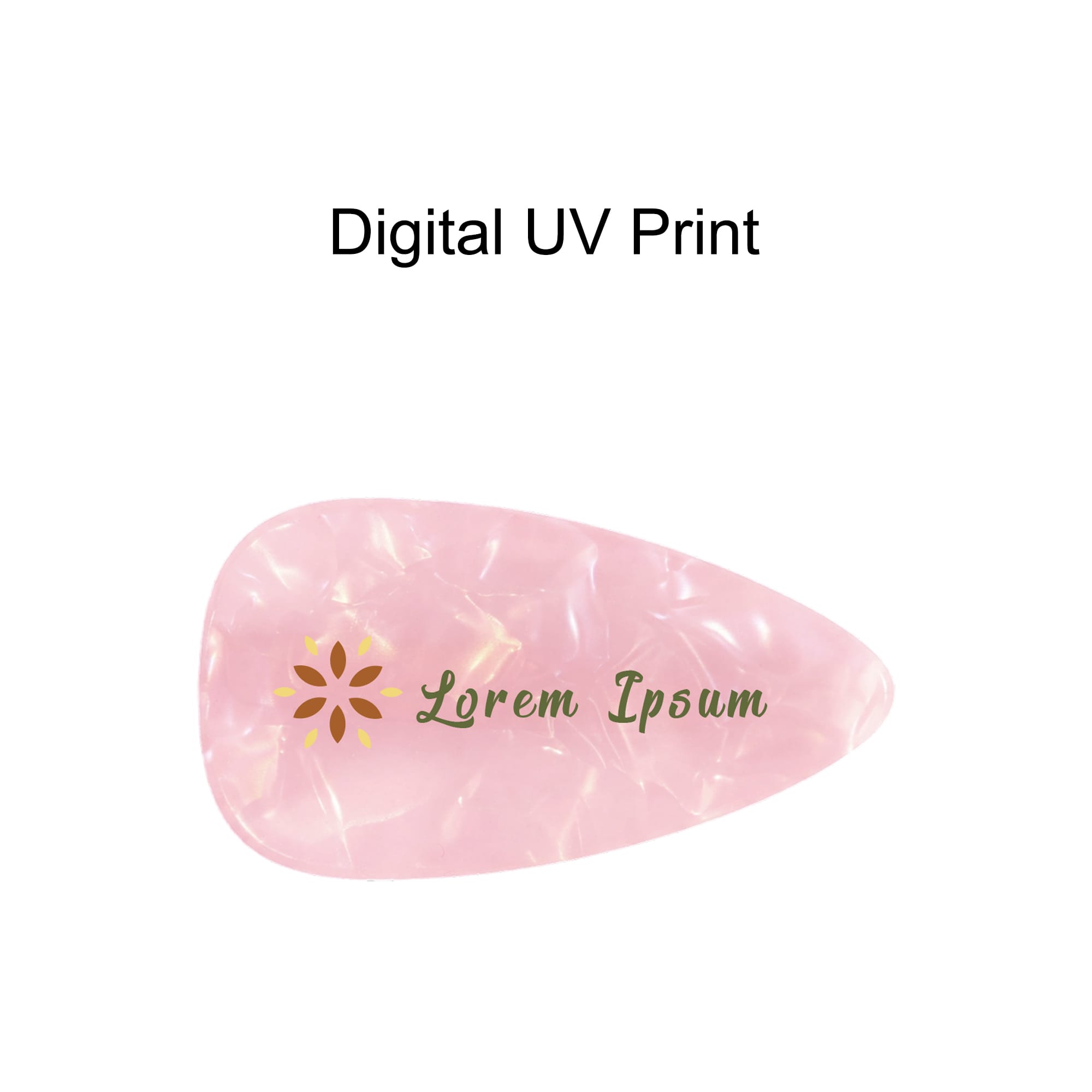 A pink teardrop-shaped hair clip with an iridescent finish and a logo featuring floral design elements.