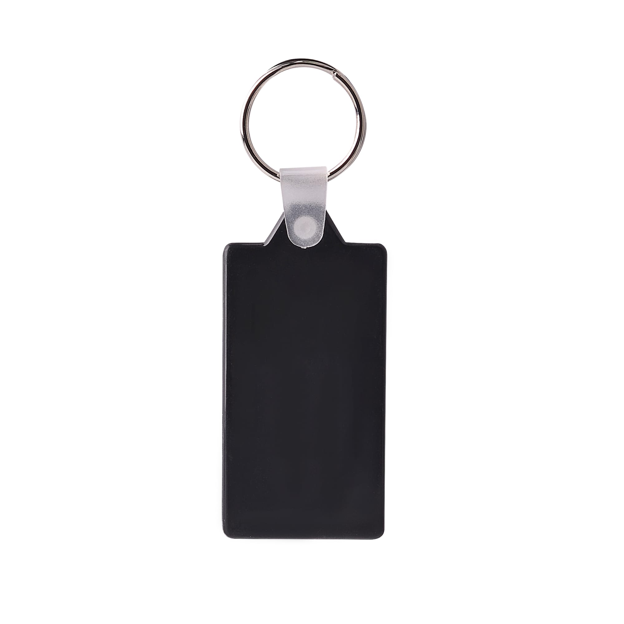 A rectangular hard plastic keyring in black with a silver metal key ring attachment.