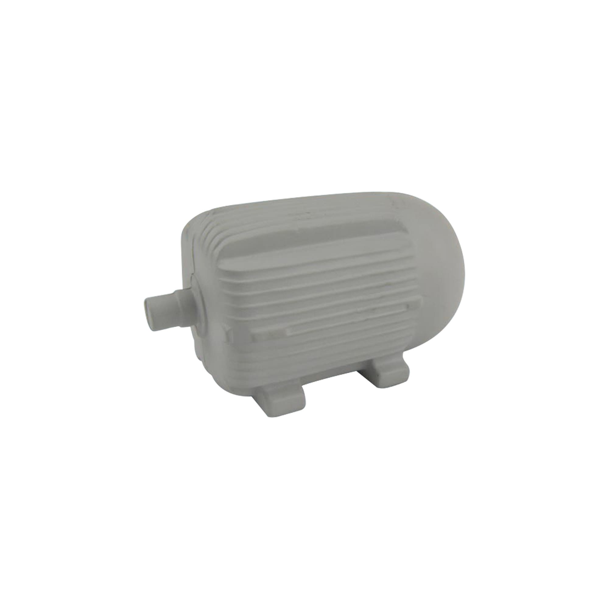 A grey engine-shaped stress reliever with ridged detailing and a small outlet, featuring a branding logo.