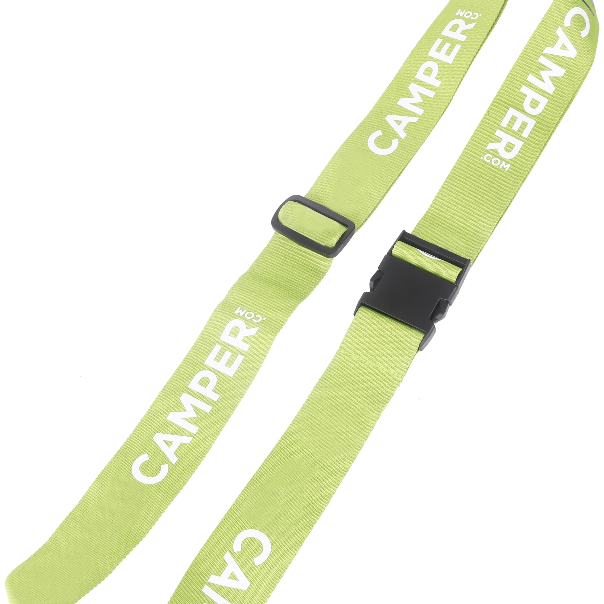 A bright green poly ribbed luggage belt with a buckle and a logo.