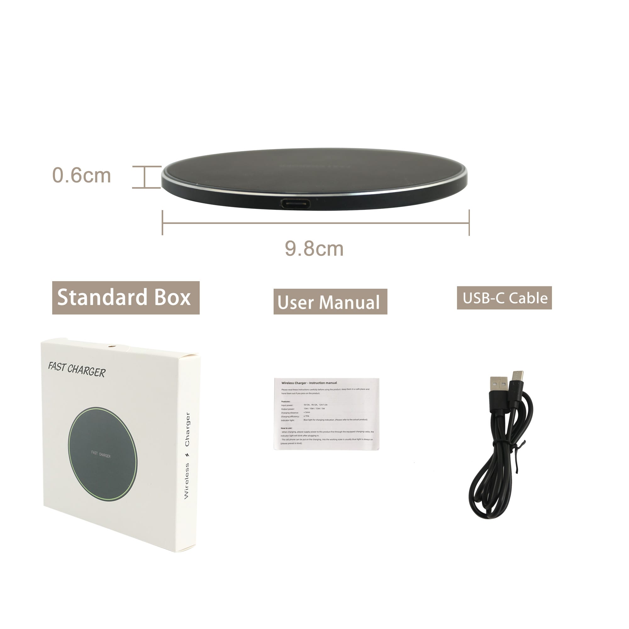 A round, black wireless charger with a USB-C cable, user manual, and standard box packaging.