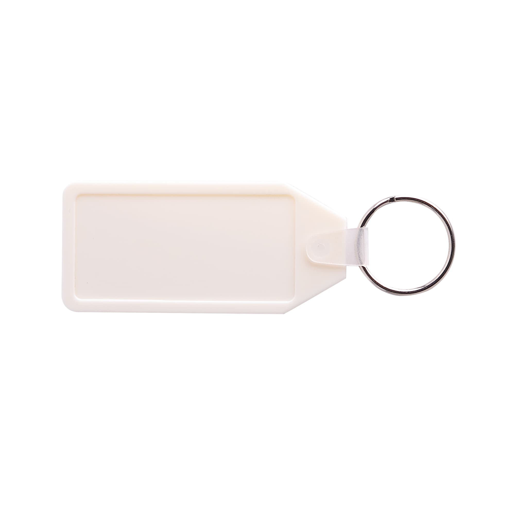 A long hexagon hard plastic keyring in white, featuring a circular metal ring and a blank surface for customisation.