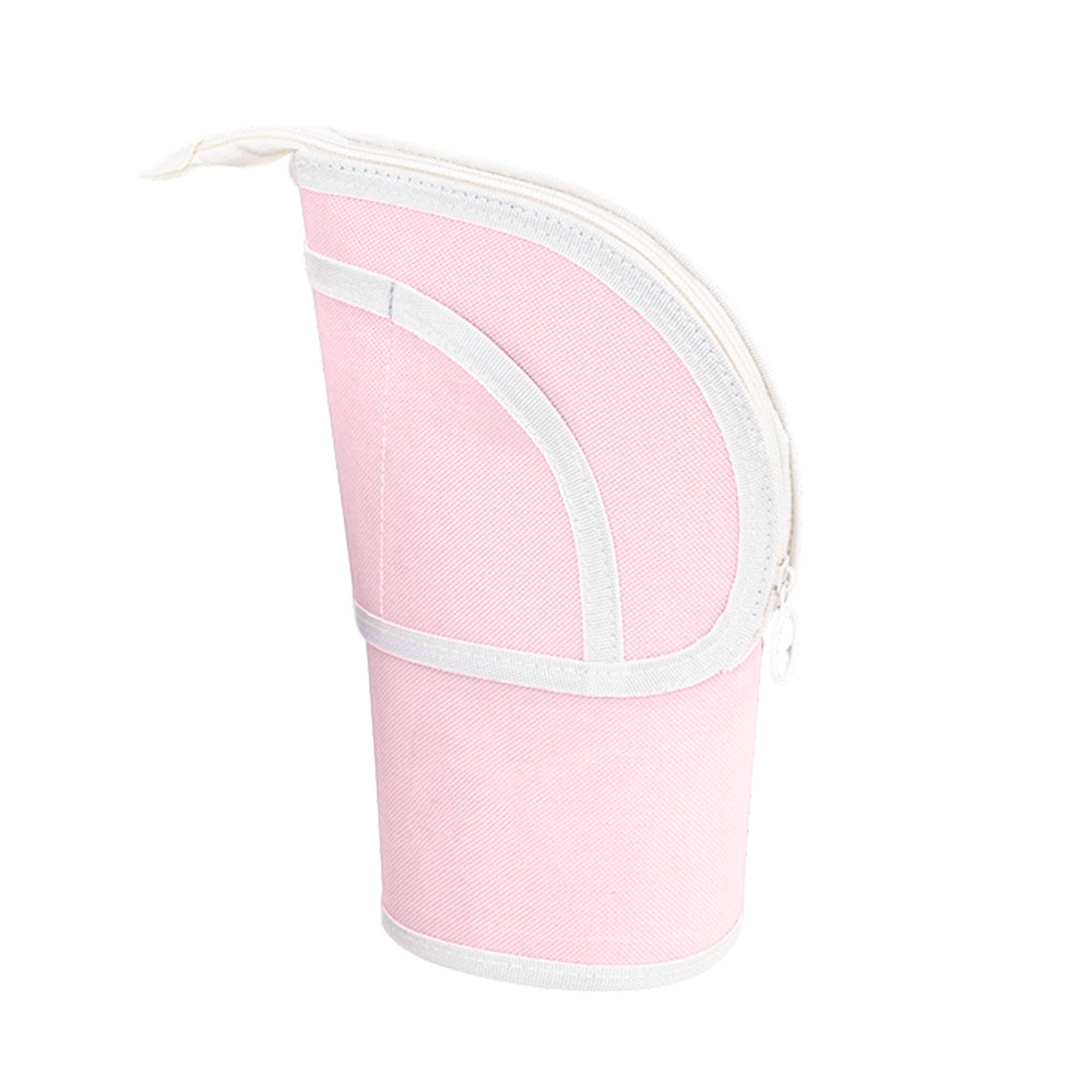 A pink expandable pencil case with a white zipper and curved design. It has a logo on its surface.