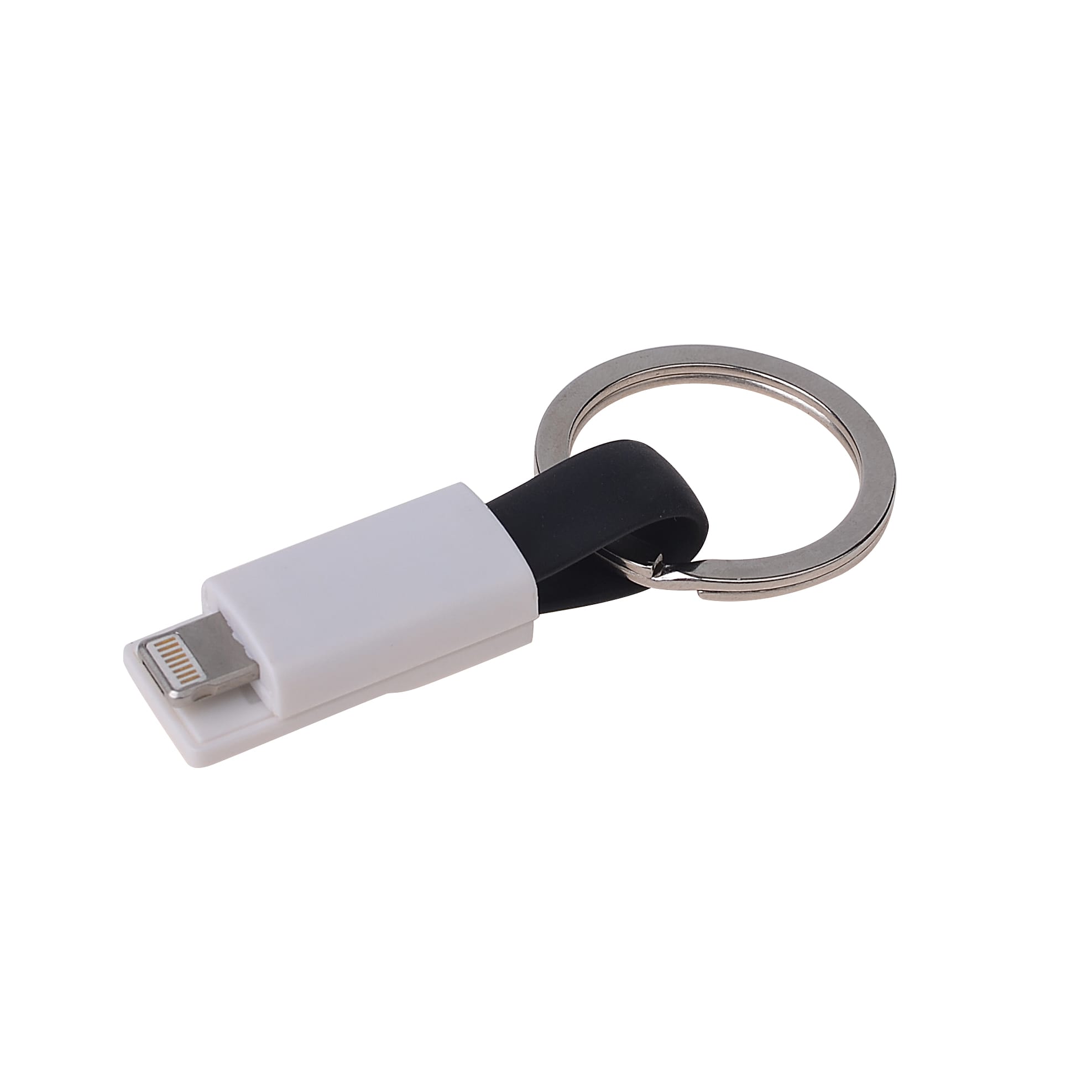 A white and black magnetic charging cable attached to a metal keyring. It features a logo on the side.
