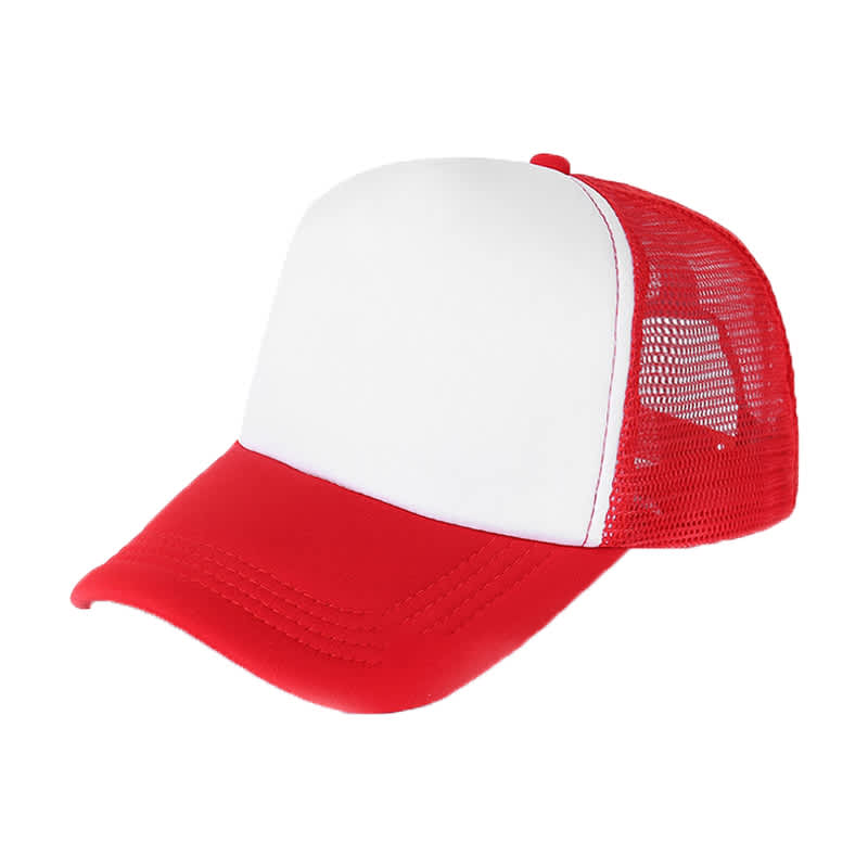 A red and white trucker cap featuring a solid front panel and mesh back. It includes a logo.