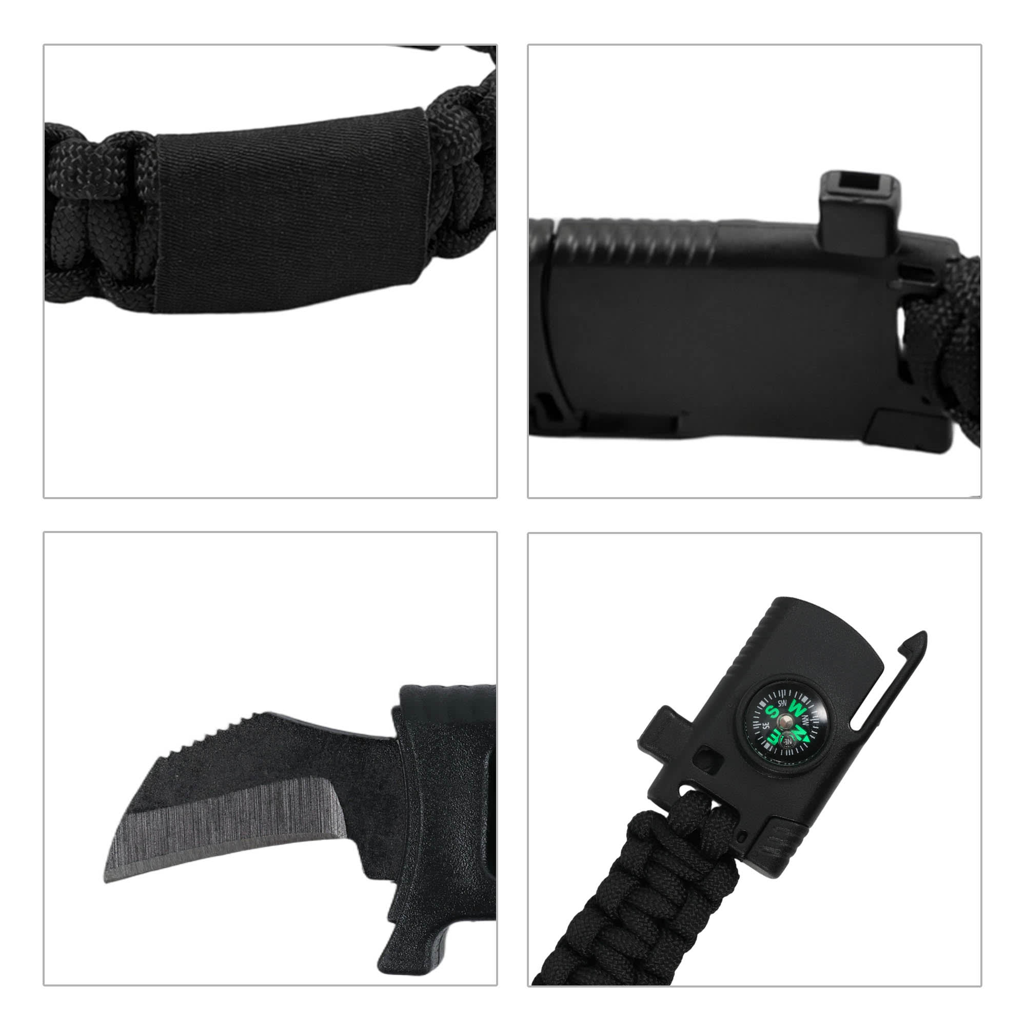 A black paracord survival bracelet featuring a compass, knife edge, and multi-tool attachment.