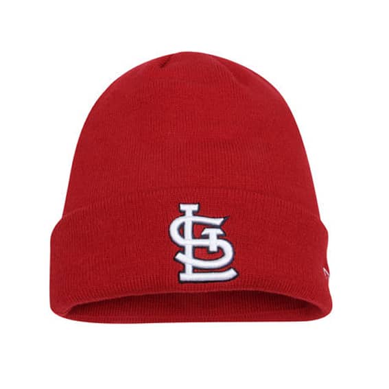 A red knitted beanie featuring a logo on the front. Ideal for headwear needs.