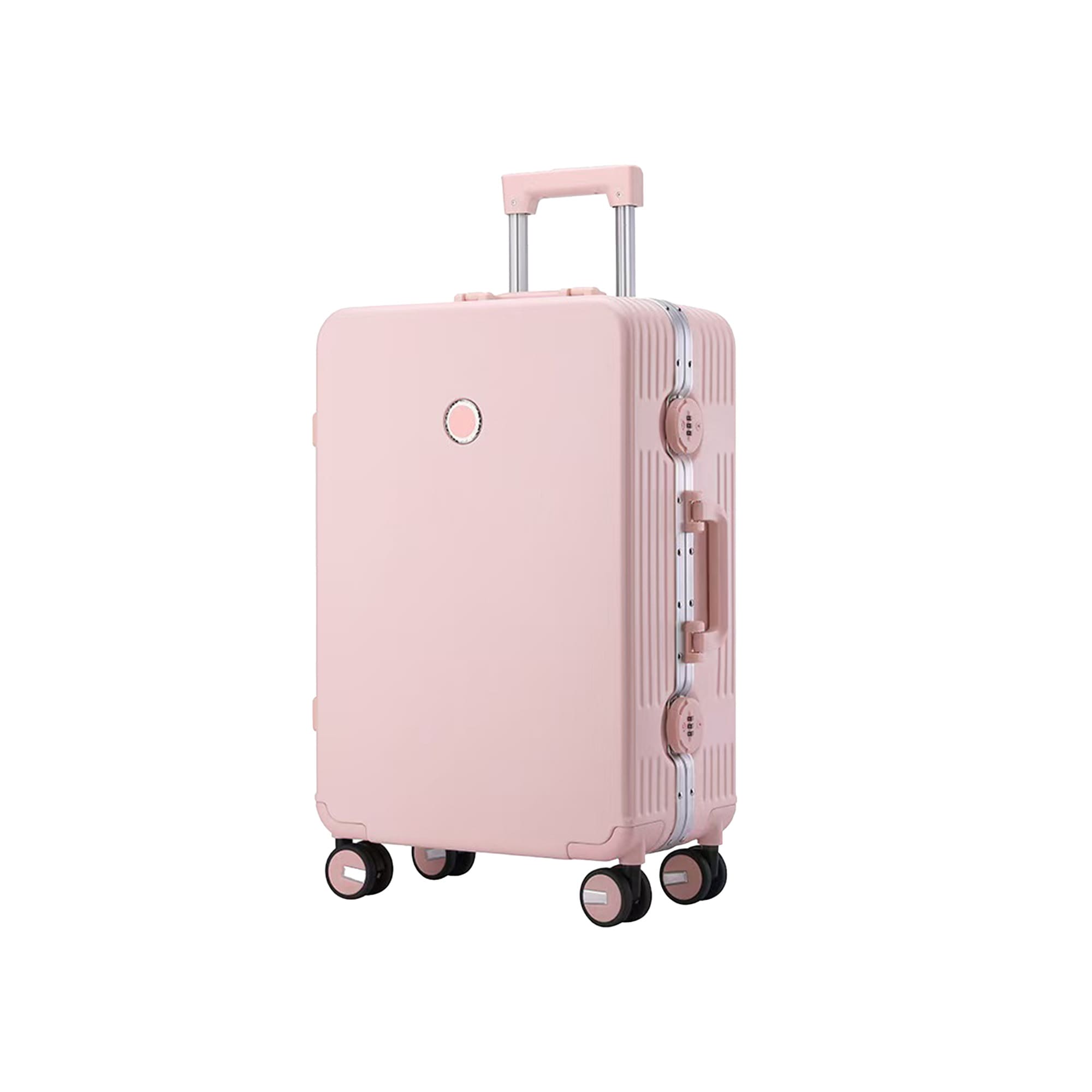 A pink ribbed ABS suitcase with wheels, a telescopic handle, and a logo on the front.