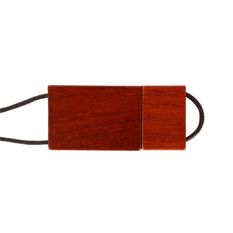 A wooden string flash drive in rich brown tones, featuring a simple rectangular design and a cord for attachment.