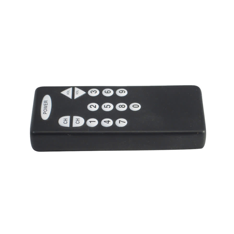 A black remote control shape stress reliever with numbered buttons and directional arrows, featuring a logo.