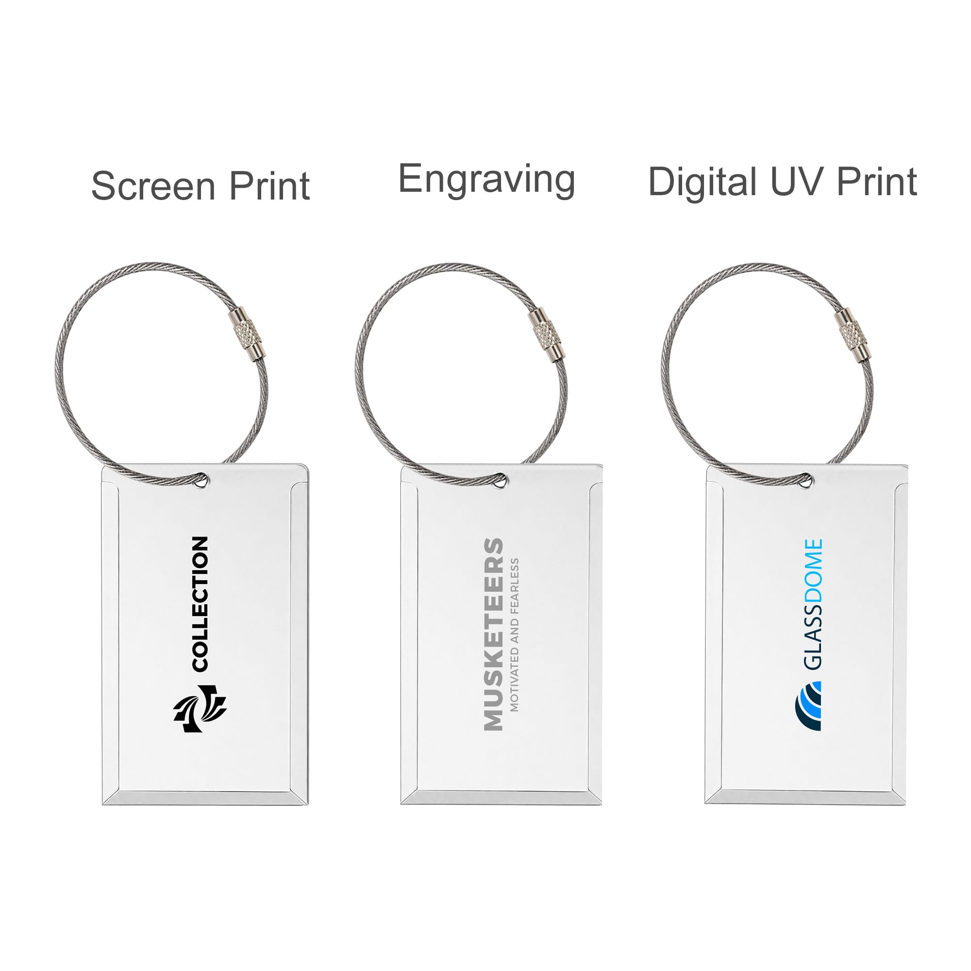 A square aluminium luggage tag in three styles: screen print, engraving, and digital UV print, featuring a silver ring.