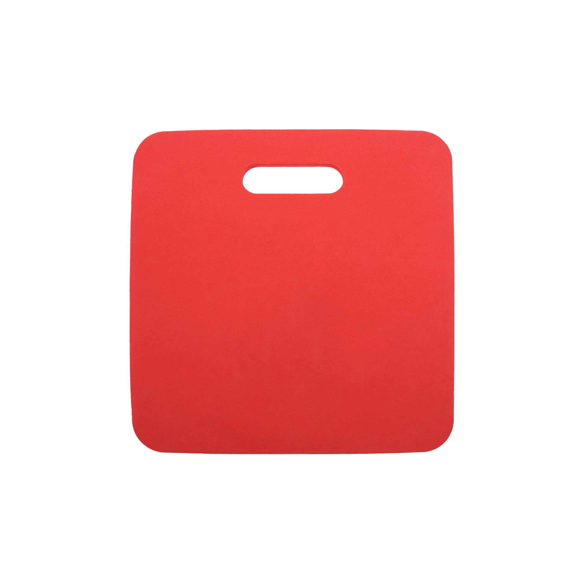 A red promotional stadium seat cushion with a cut-out handle. It has a smooth surface and no visible branding.