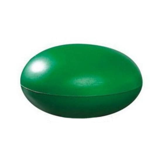 A green tablet-shaped stress reliever with a smooth finish and a subtle sheen. It features a logo on the side.