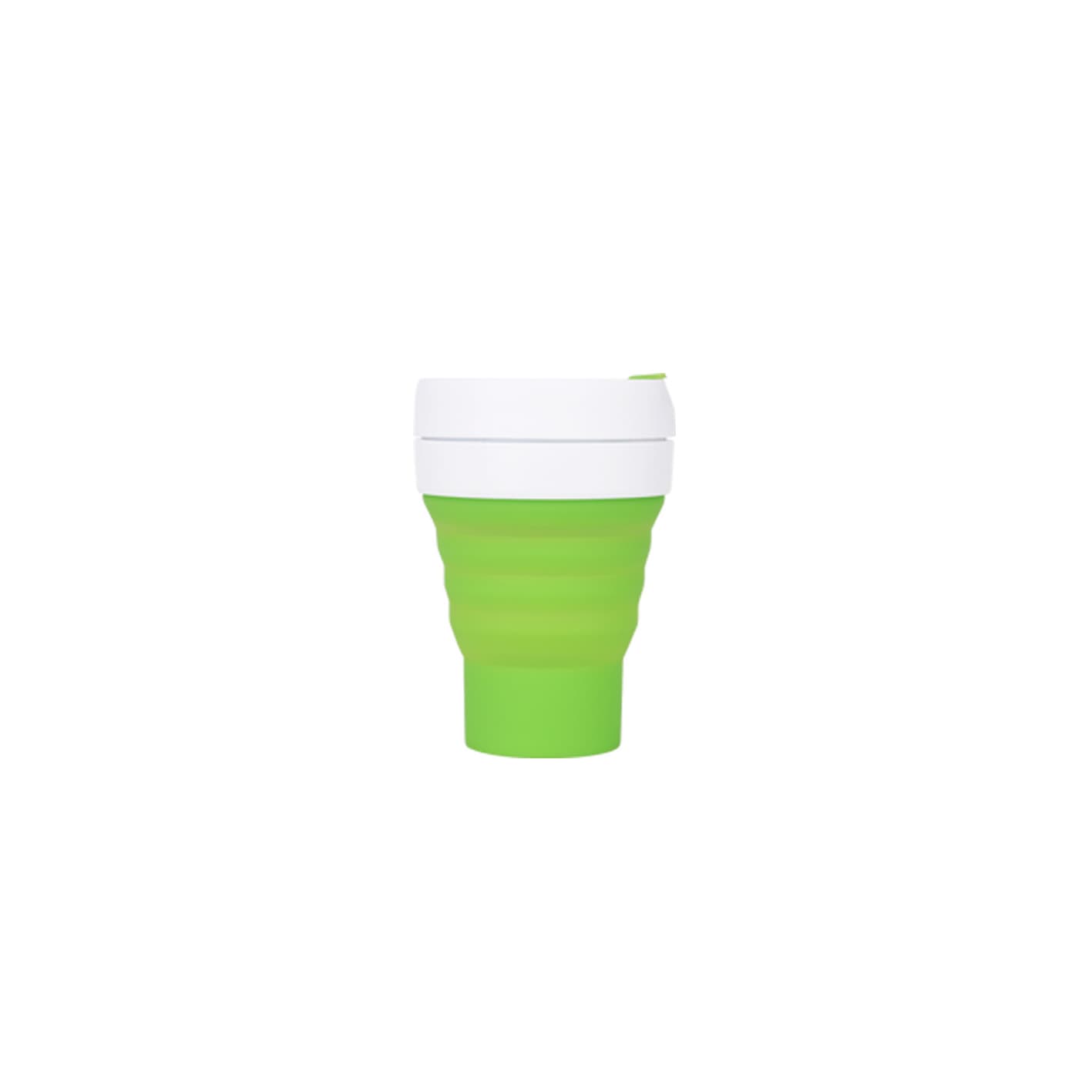 A drink bottle features a bright green collapsible silicon design with a white lid and branding element.