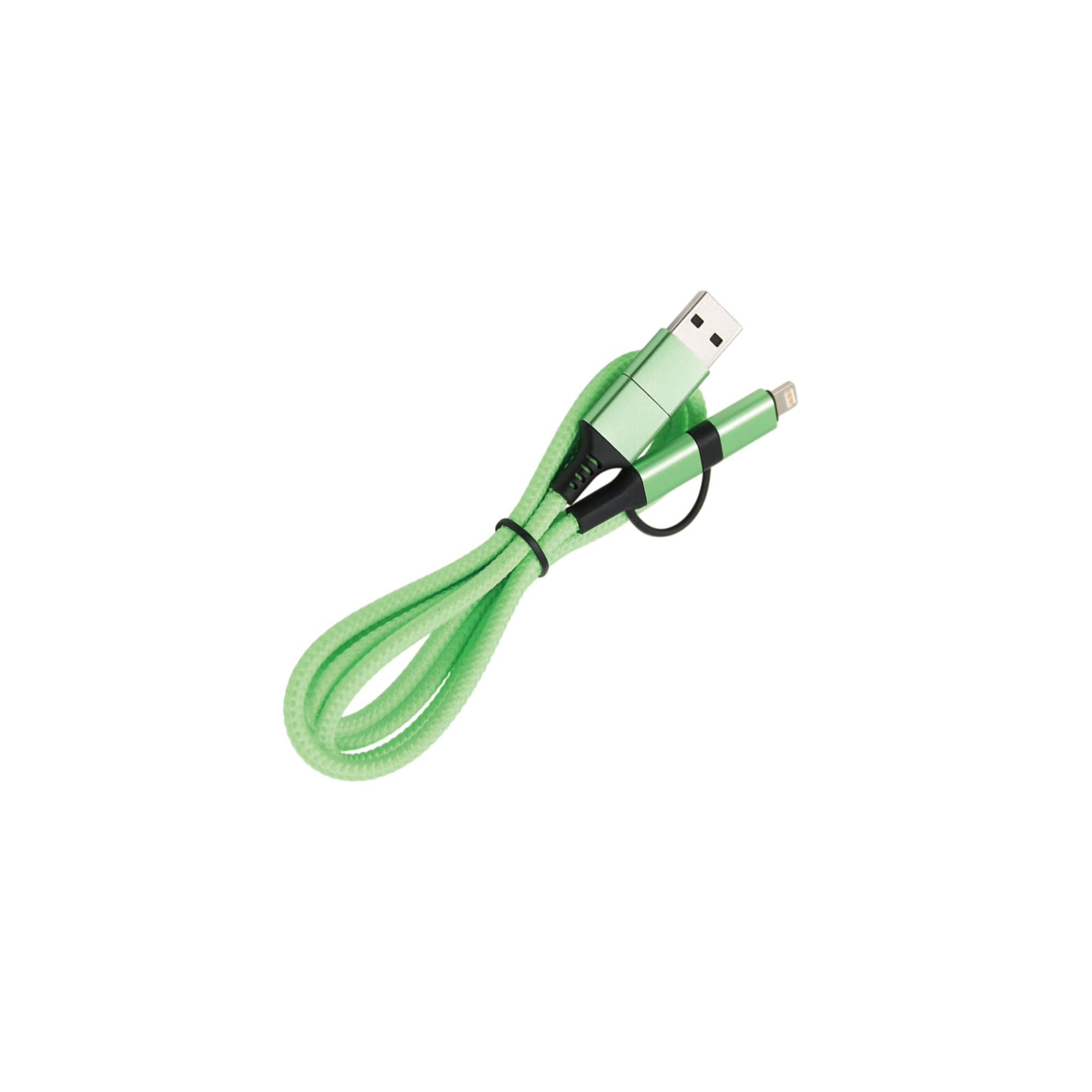 A 60W long braided charging cable in bright green with USB and Lightning connectors, featuring a sleek design.