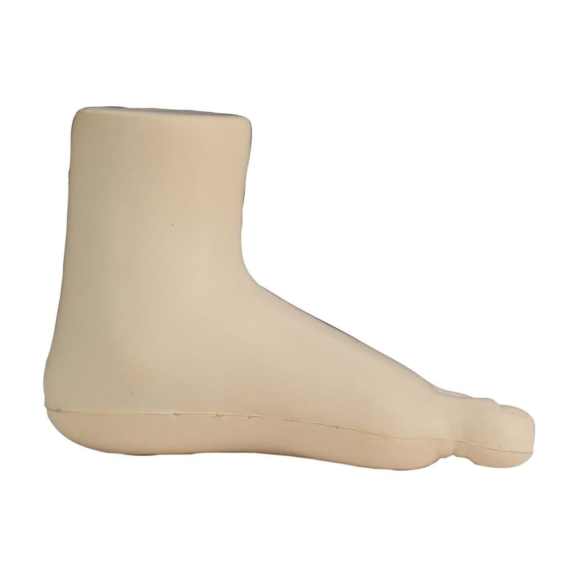 A beige leg-shaped stress reliever toy with a smooth surface. Features a simplistic design and a branded logo.