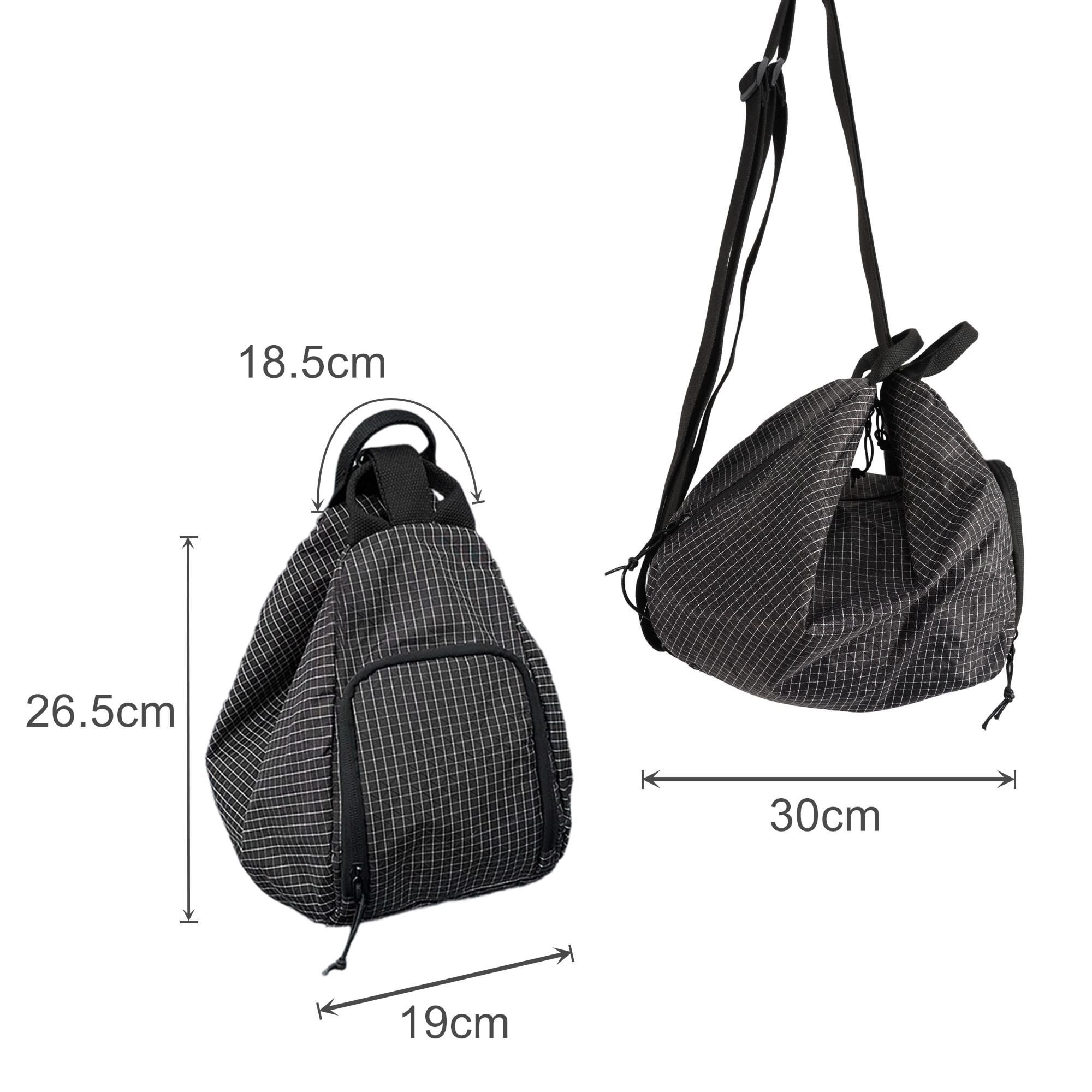 A black and grey checked convertible backpack duffel bag with adjustable straps and multiple compartments.