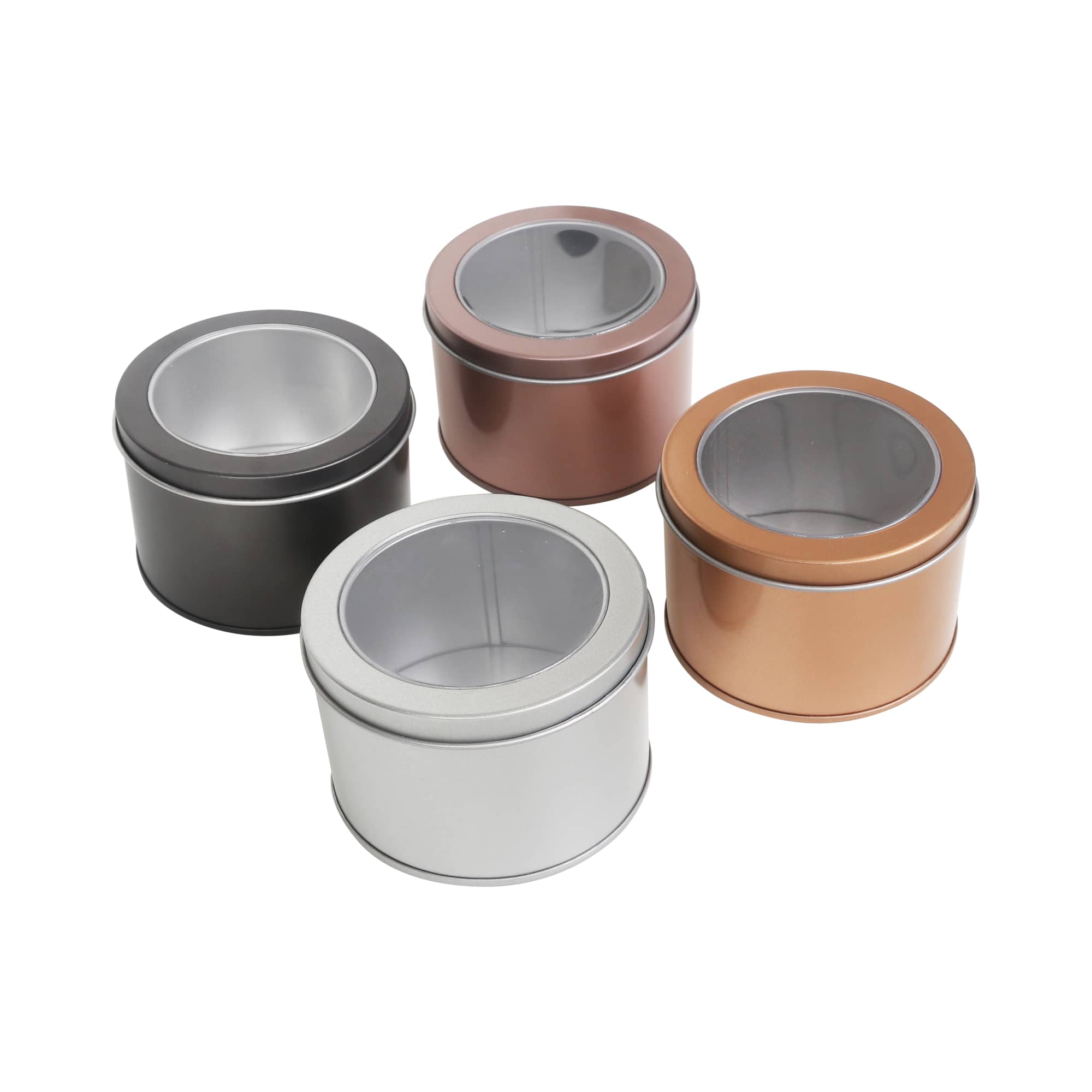 Assorted medium tins with transparent windows in black, silver, copper, and bronze finishes. Each tin has a logo.