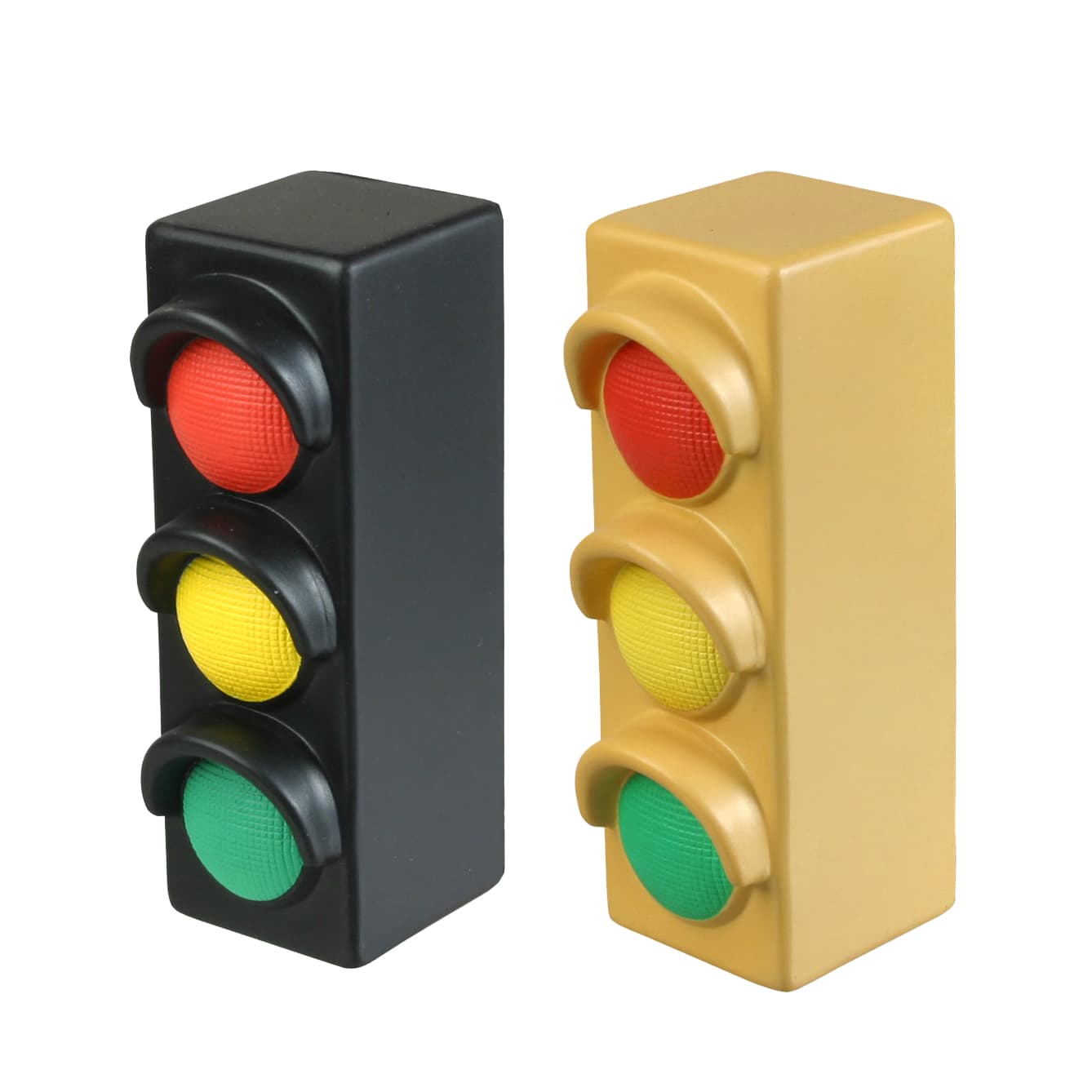 A black and gold traffic light-shaped stress reliever featuring red, yellow, and green elastic buttons.